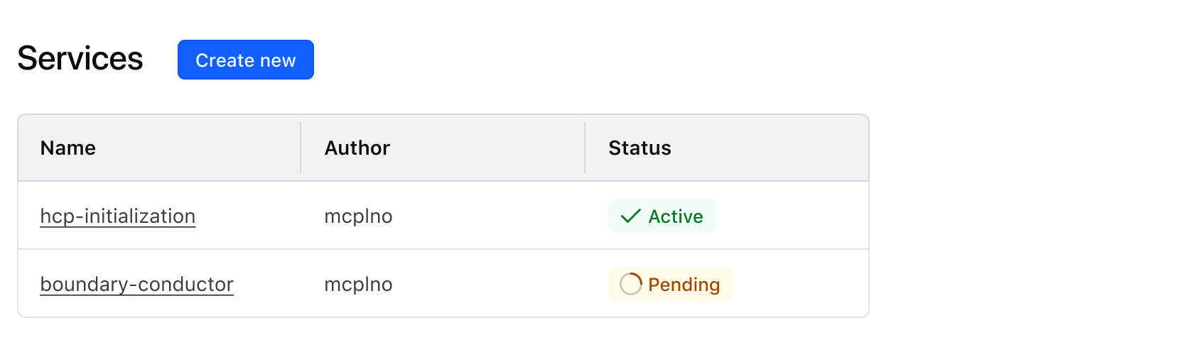 Services table with a "Create new" button.